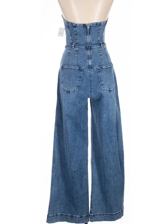We The Free CRVY Femme Fatale Denim Jumpsuit Blue 6 NWT - Picture 3 of 5